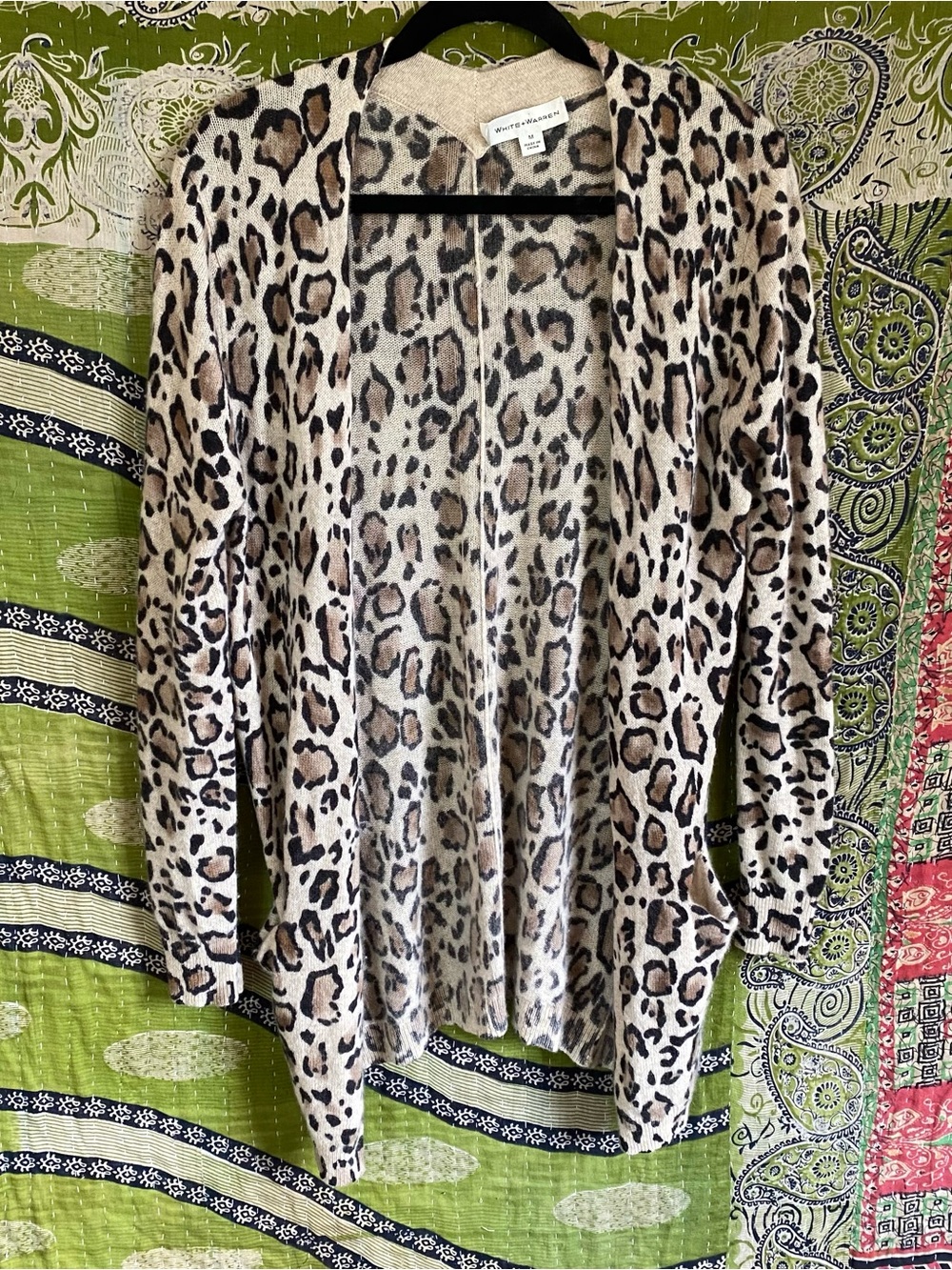 White + Warren Leopard Print Cashmere Open Front Cardigan Medium Old Money